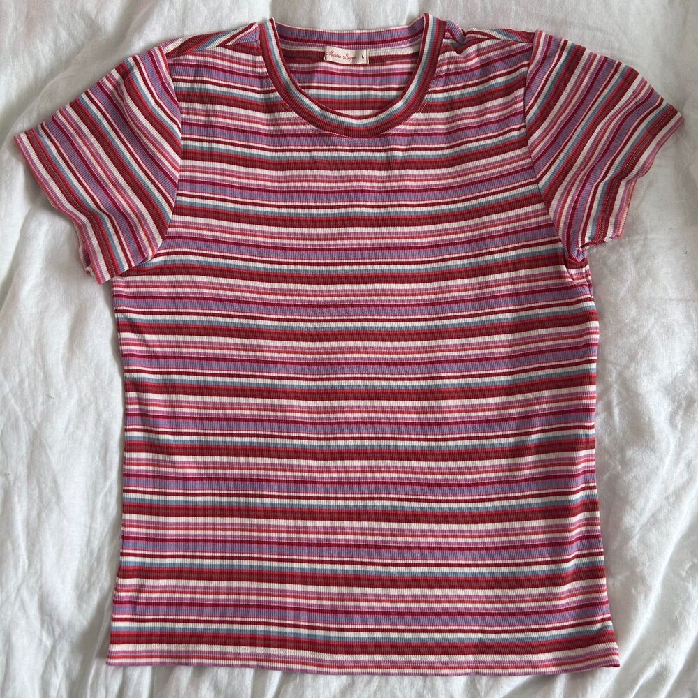 Marine Layer Lexi Rib Sun In Crew Tee Pink Stripe Retro Multicolor Size L